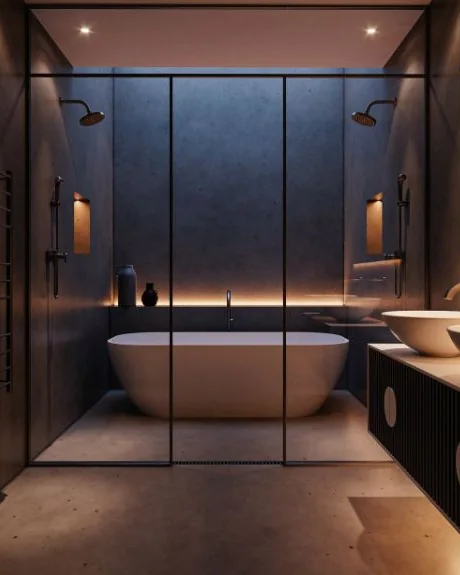 Contemporary bathroom renovation with freestanding tub — Royal Fitout & Interior Design project, Dubai